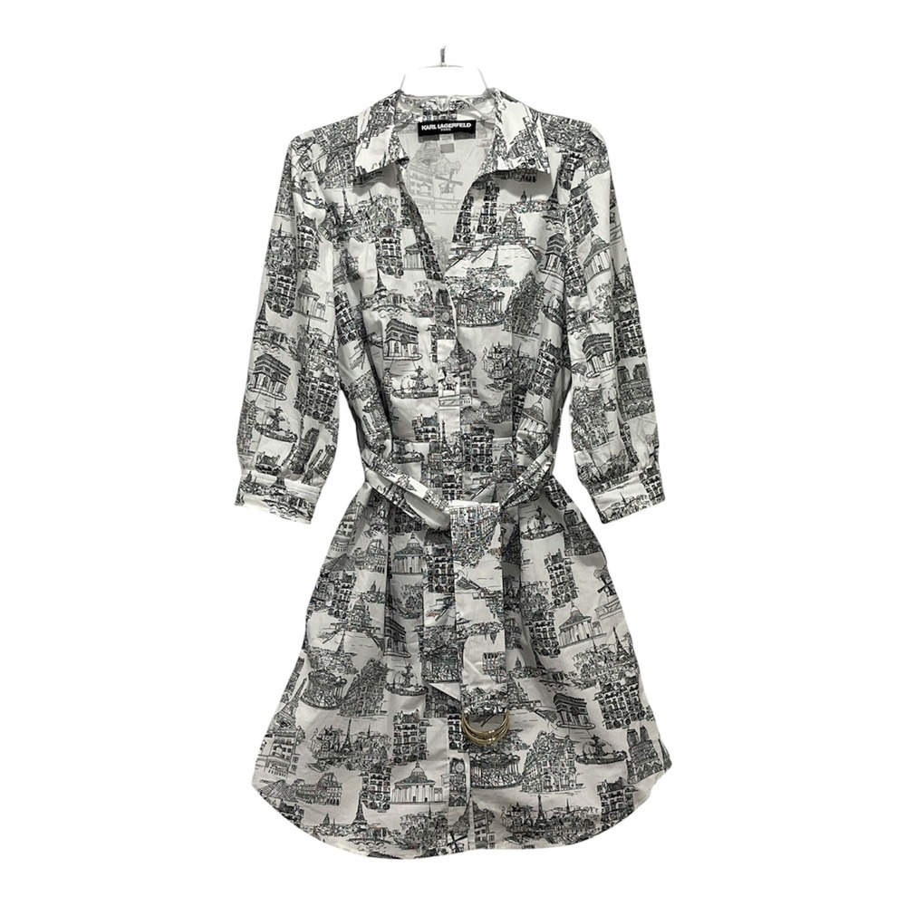 Karl Lagerfeld Excellent Pre-Owned Shirt Dress Women 6 White Black Paris Toile